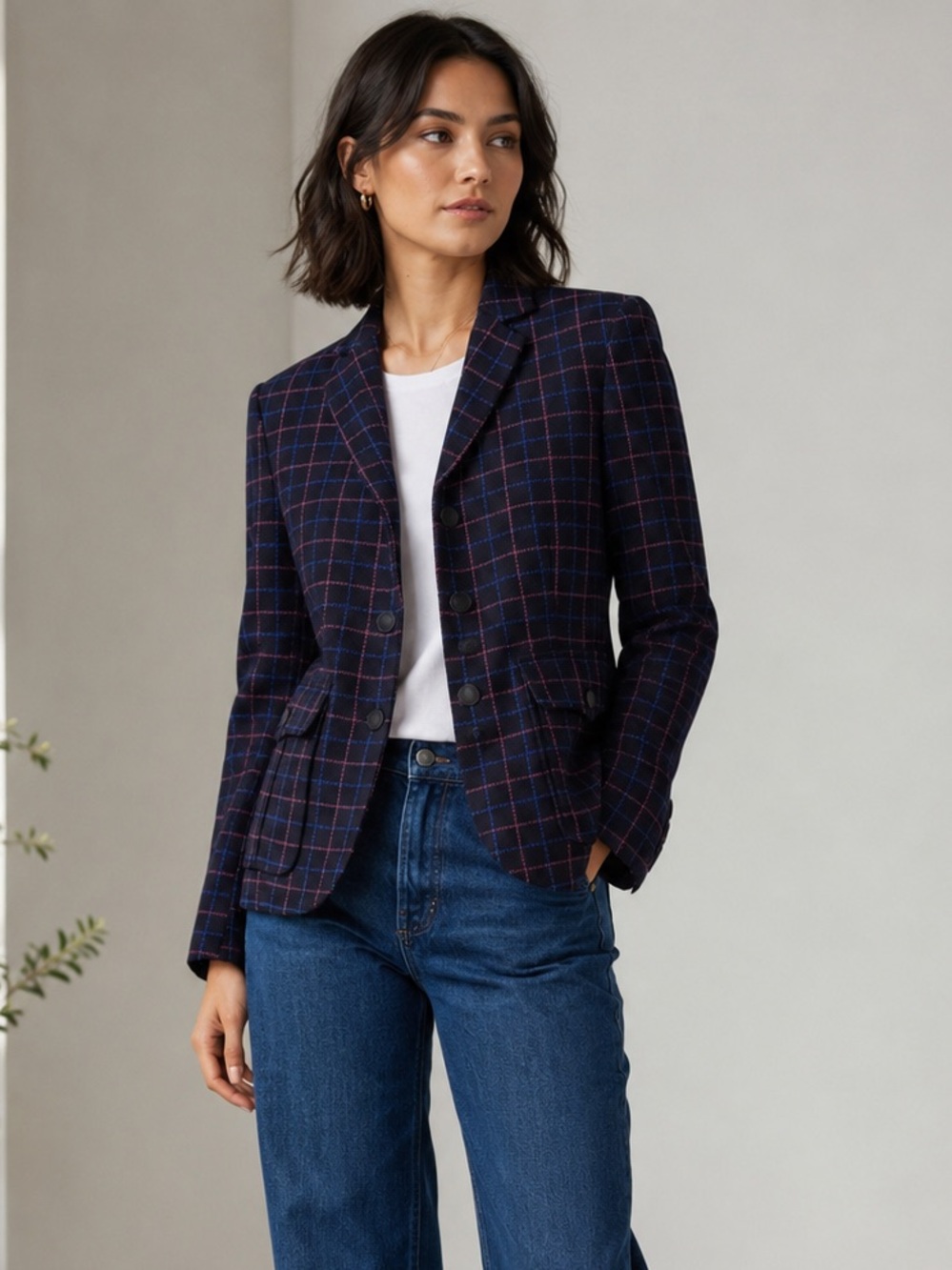 Rag & Bone Virgin Wool Windowpane Plaid Utility Blazer Navy Pink US 12 Made USA